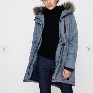 Blue Cinched Waist Fur Winter Coat